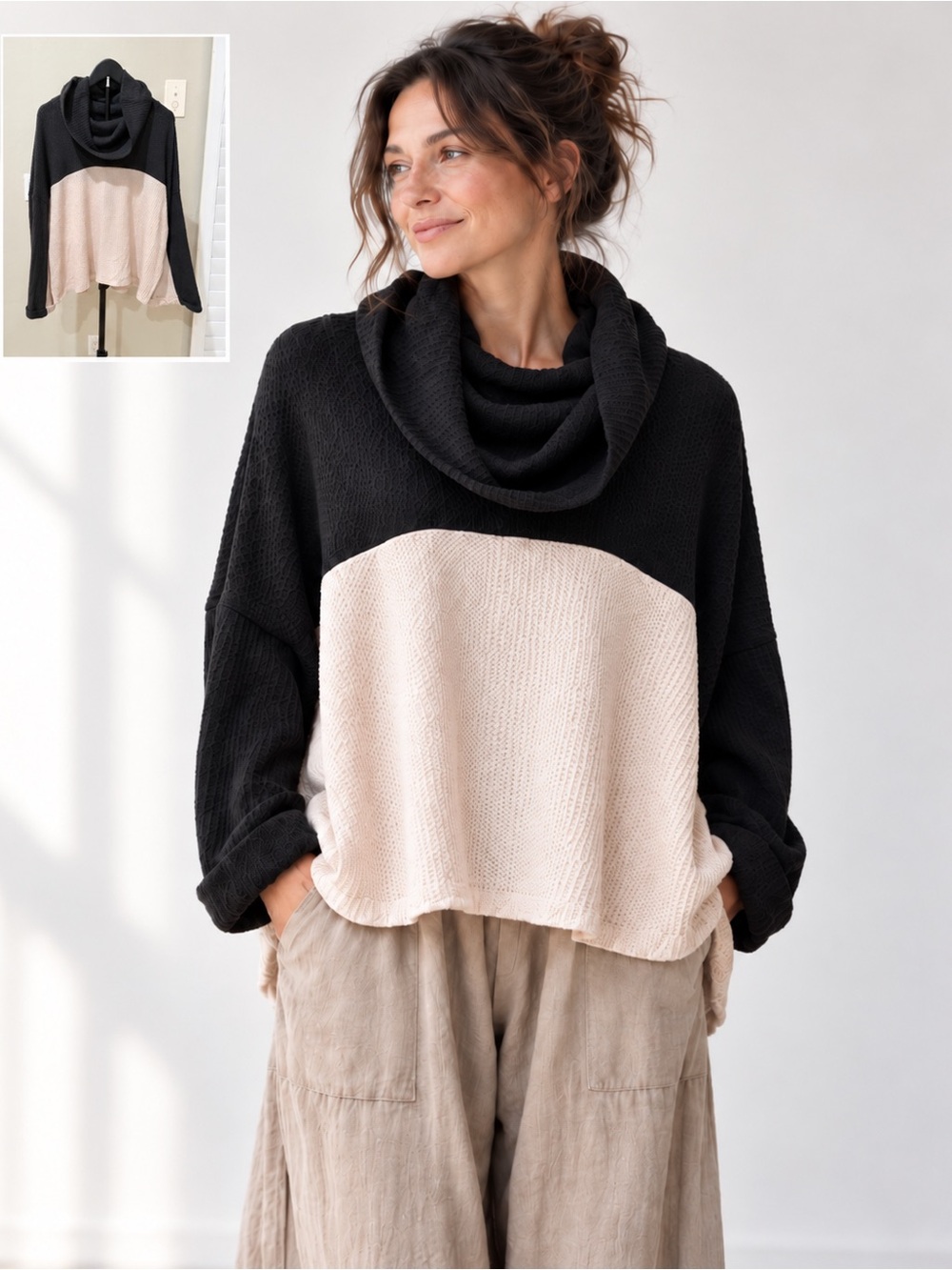 Lumiere Made in USA Oversized Colorblock Cowl Neck Sweater Large Lagenlook